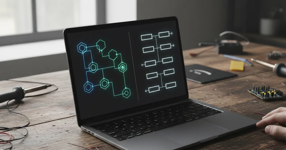 A laptop on a dark workbench showing a branching flow layout beside structured output panels