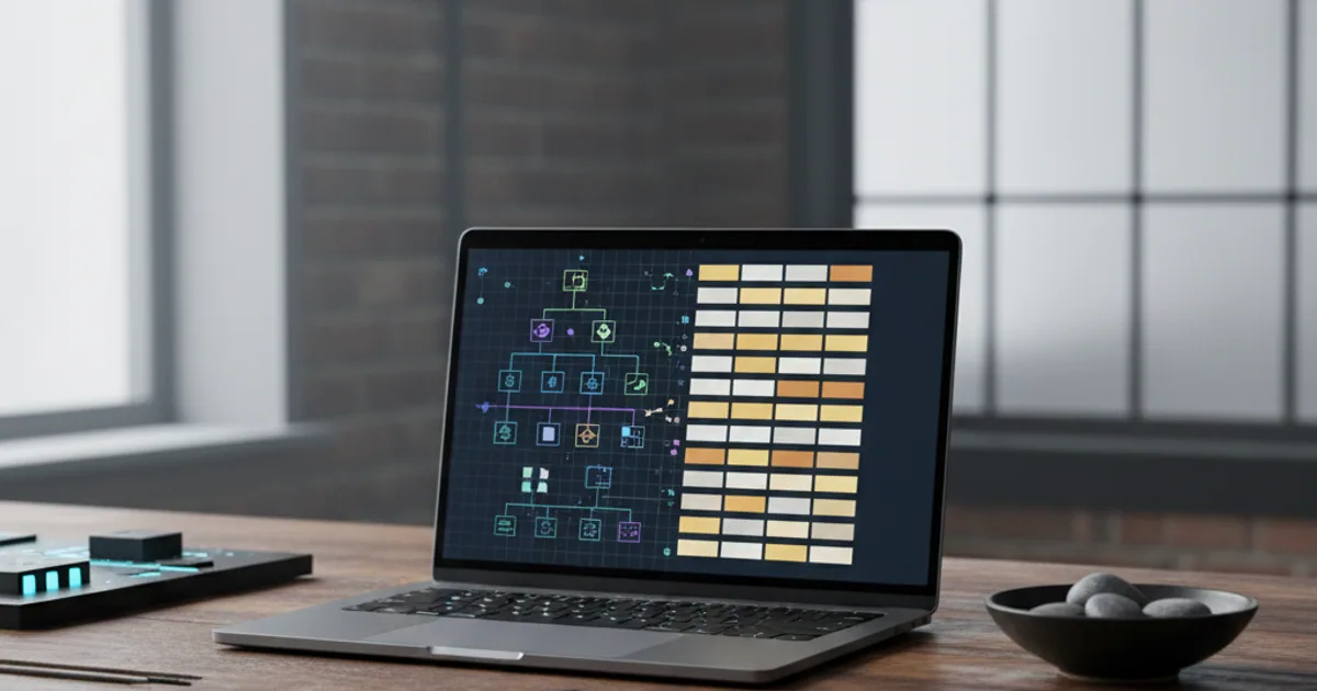 A laptop on a dark workbench showing two contrasting structured layouts side by side