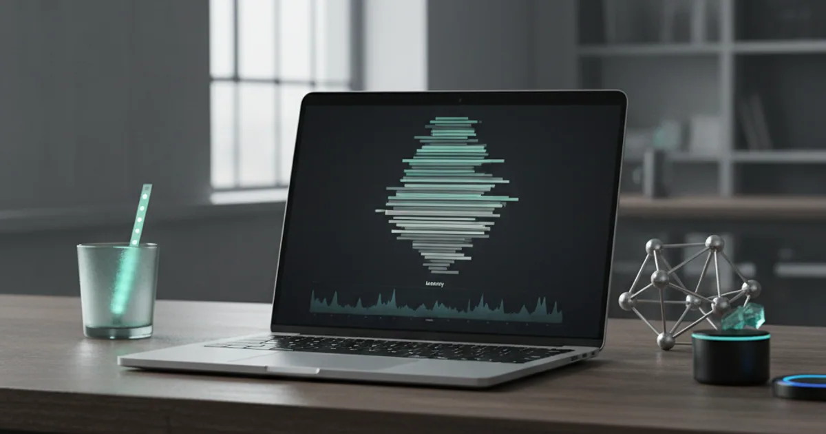 A dark workbench with a laptop showing an abstract trace waterfall and latency chart, soft daylight