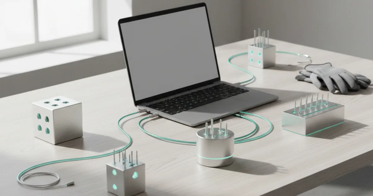 A workbench with a laptop connected by soft glowing lines to several small tool blocks arranged around it, in soft daylight