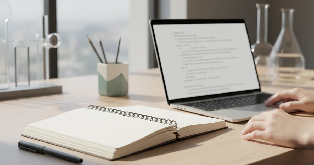 A workbench with notebook, pen, and laptop showing a prompt being drafted